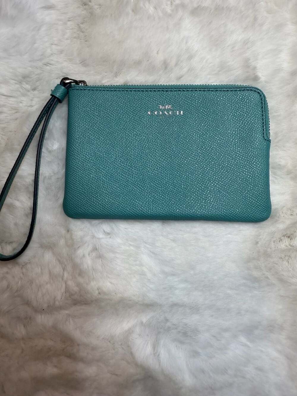 Coach Corner Zip Wristlet in Teal Pebbled Leather